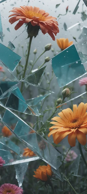 Shattered Glass & Flowers Wallpaper