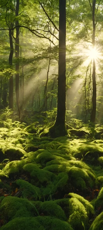 Mossy Forest Sunlight Wallpaper