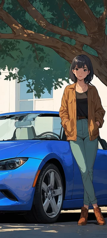 Anime Girl with Blue Convertible