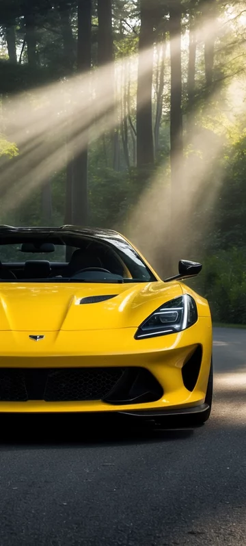 Yellow Sports Car in Forest Road