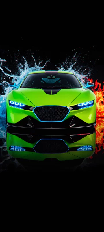 Green Sports Car with Water and Flames