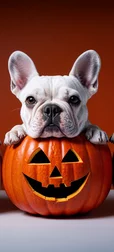 Three Bulldogs with Halloween Pumpkins Wallpaper