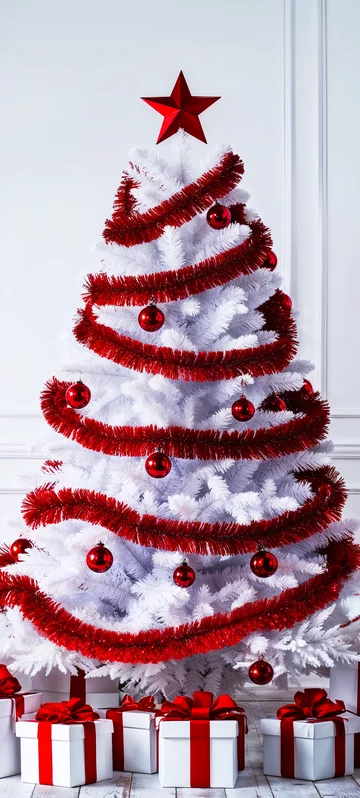 Red Baubles on White Christmas Tree