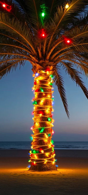 Beach Palm Tree with Festive Lights